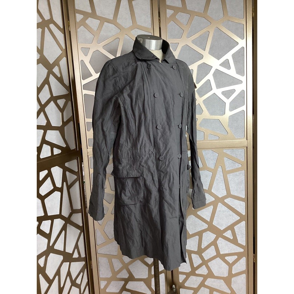 Eileen Fisher Gray Crinkled Buttons Casual Long Knee Length Jacket Large Crepe